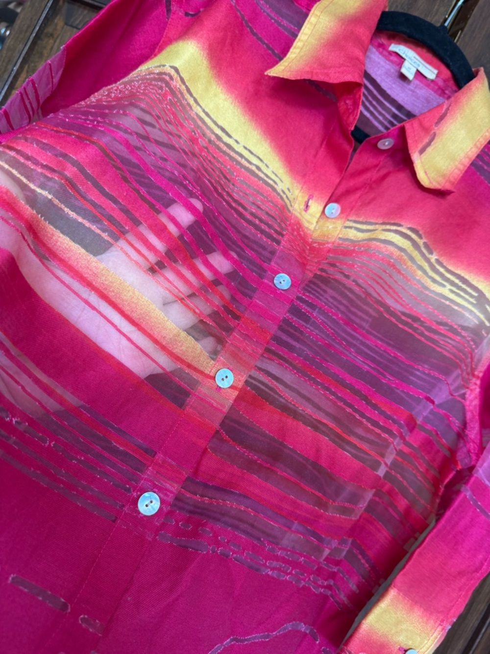 Linen Coastal Grandma Vibrant Boho Sheer Resortwear Button Up - Size Medium
